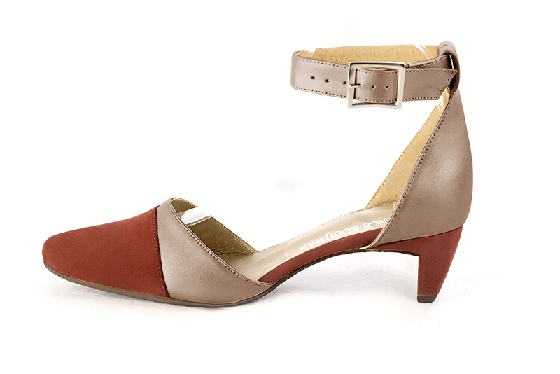 Terracotta orange and tan beige women's open side shoes, with a strap around the ankle. Round toe. Low comma heels. Profile view - Florence KOOIJMAN